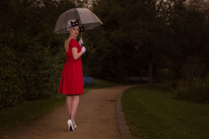 RetroCat in einem Regen-Outfit im Vintage-Stil