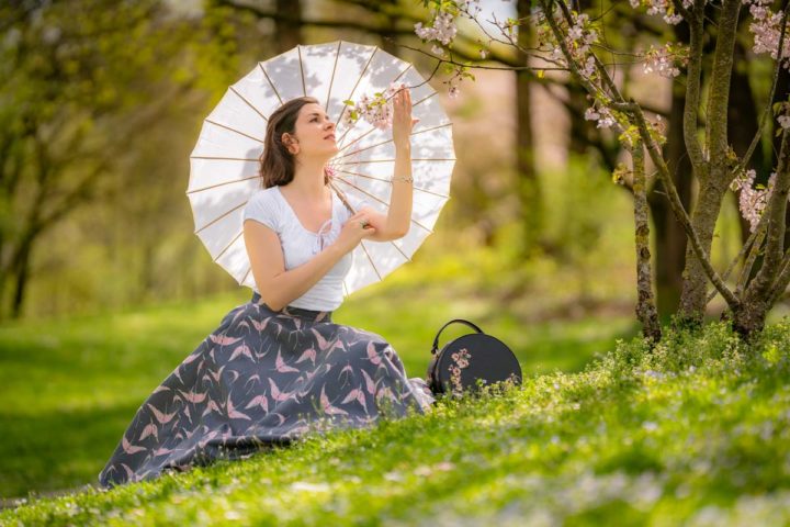 In a flowering Garden with the Rio Top & Circle Skirt Jacquard Bird by Vivien of Holloway