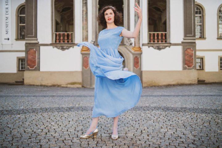 Blue And Pink Puff Sleeve 1950S Vintage Party Dress With Fake