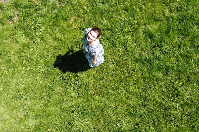 A drone photo taken of RetroCat in a blue summer dress