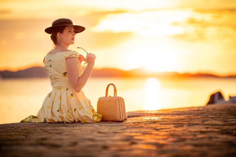 RetroCat wearing a summer dress and a vintage basket bag while watching the sunset