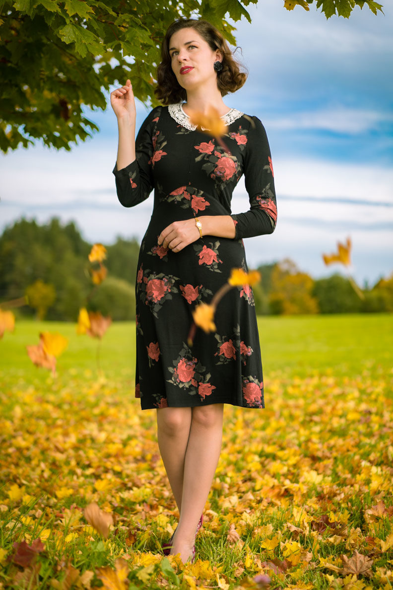 RetroCat in einem bequemen Kleid mit Rosenmuster im Herbst