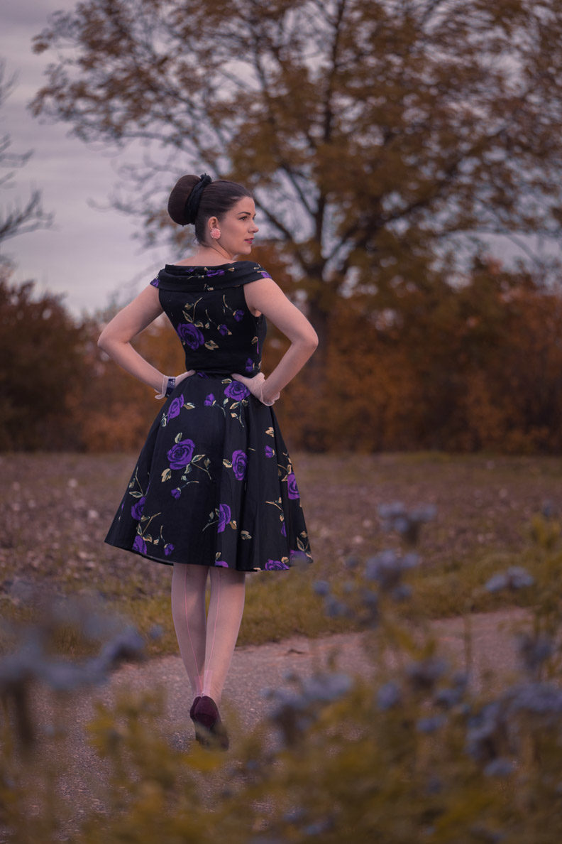 RetroCat mit Rosenkleid und lila Strümpfen im Blumenfeld