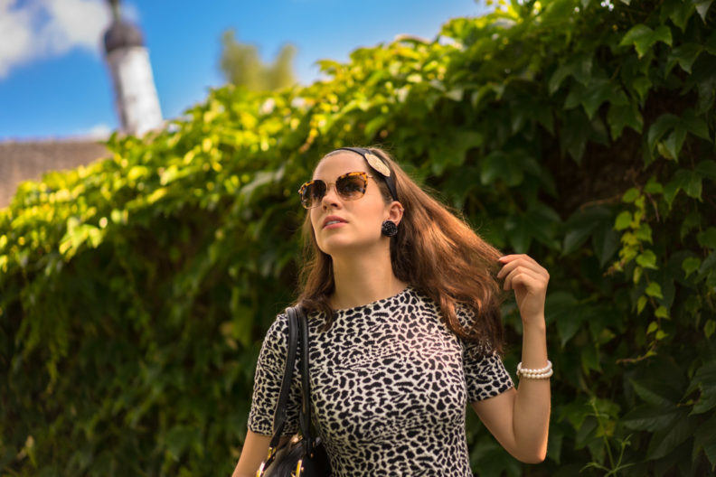 RetroCat in einem Kleid mit Animalprint und mit Retro-Sonnenbrille von Miu Miu