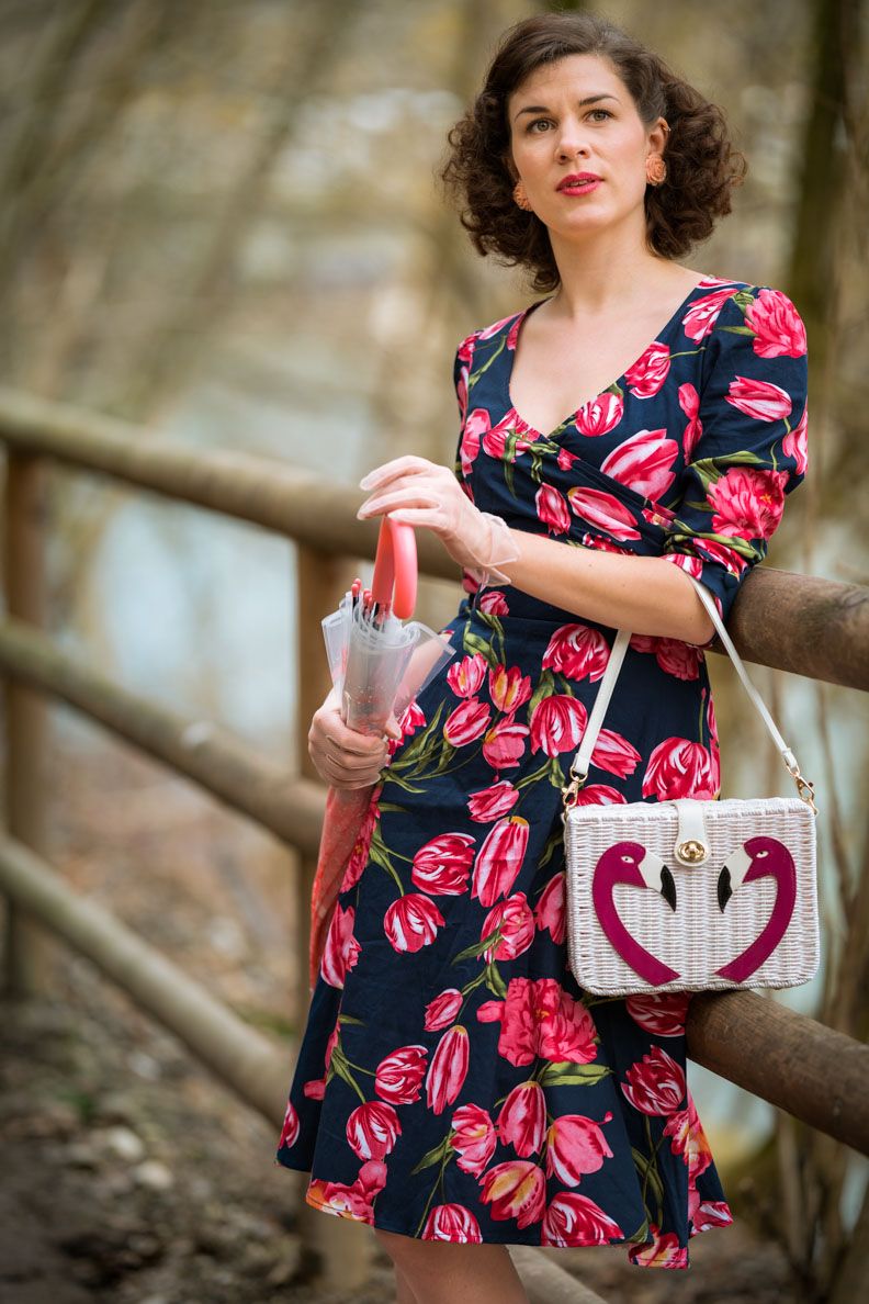 RetroCat wearing a dress with tulips in spring