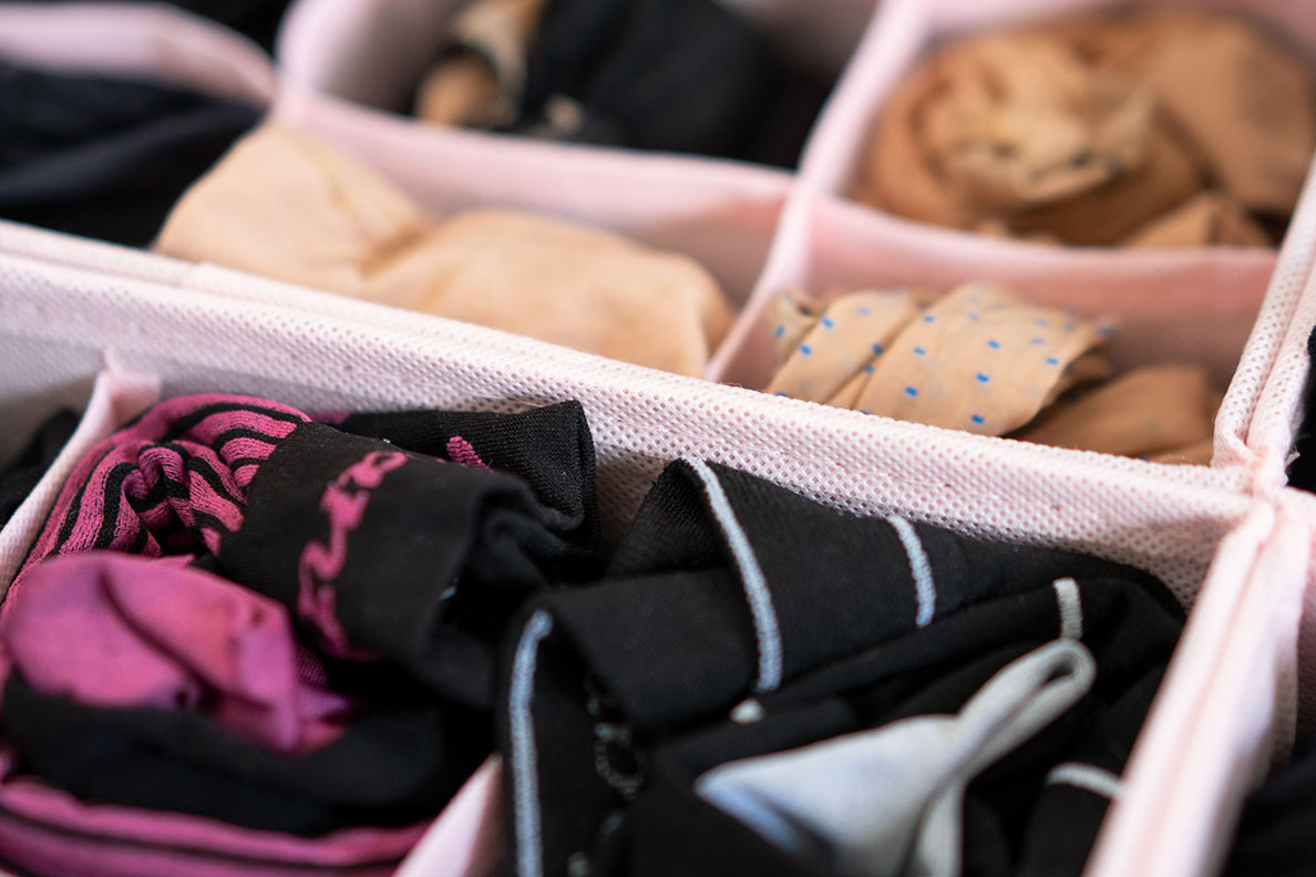 How to store and organise tights: RetroCat's pink storage box for lingerie