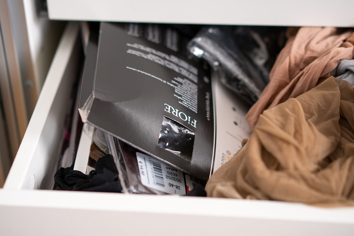 A chaotic drawer full of tights