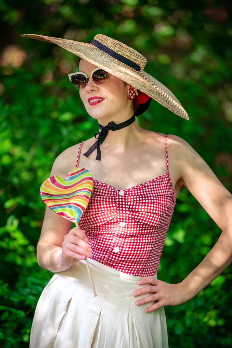 RetroCat wearing a gingham top by Collectif Clothing