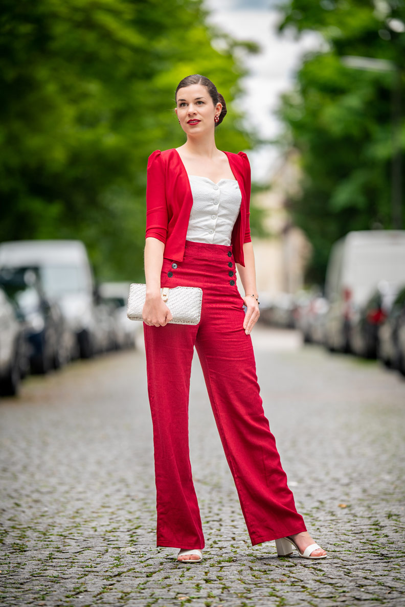 RetroCat wearing red swing trousers and a matching cardigan from 18nulleins Lady