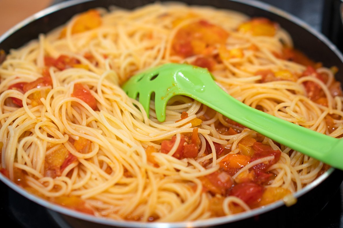 Pasta napoli cooking in a pan