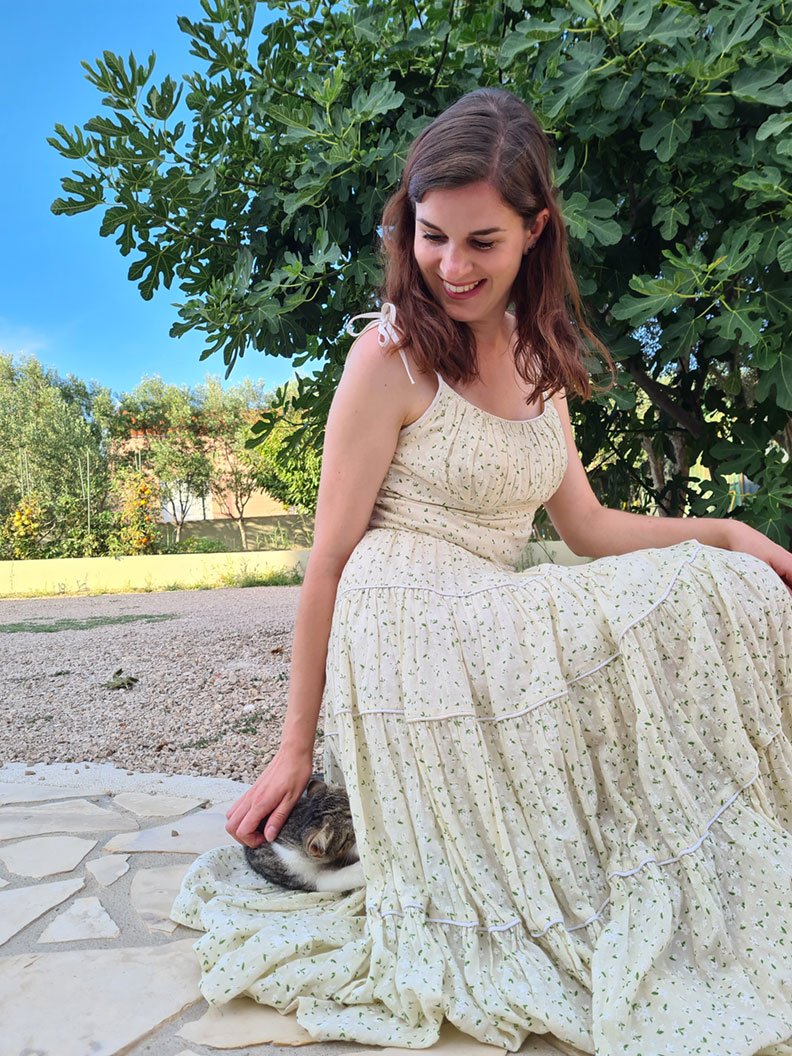 RetroCat wearing a summer dress while playing with a cat
