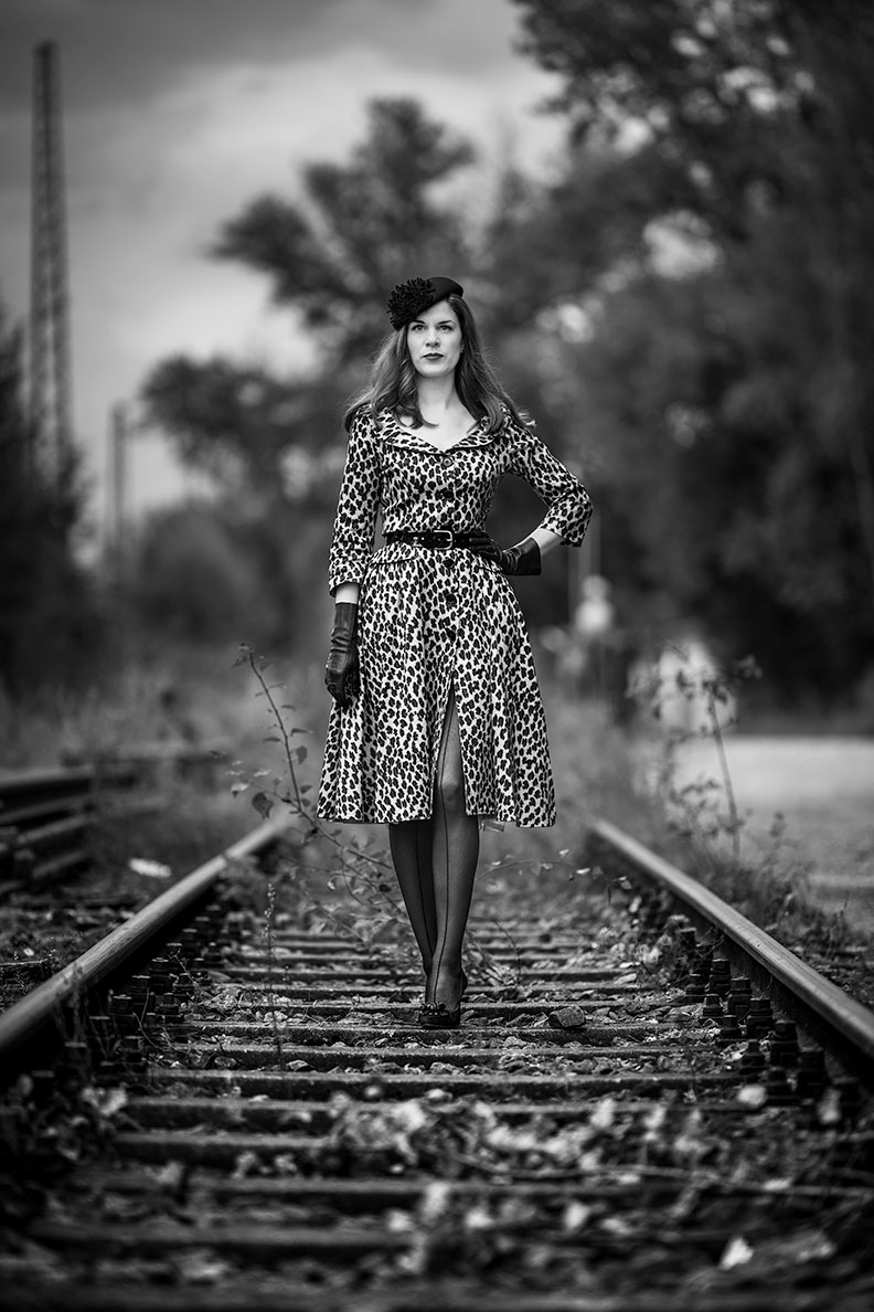 RetroCat wearing a stylish leopard print dress by Lena Hoschek