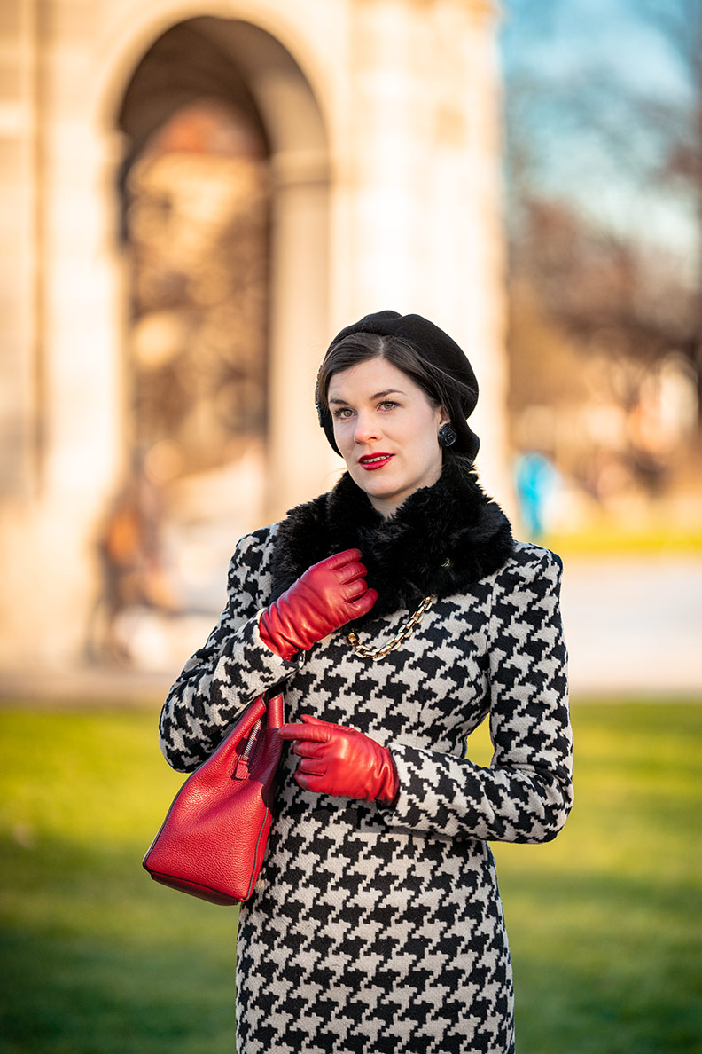 RetroCat wearing a wearm winter dress and a faux-fur collar