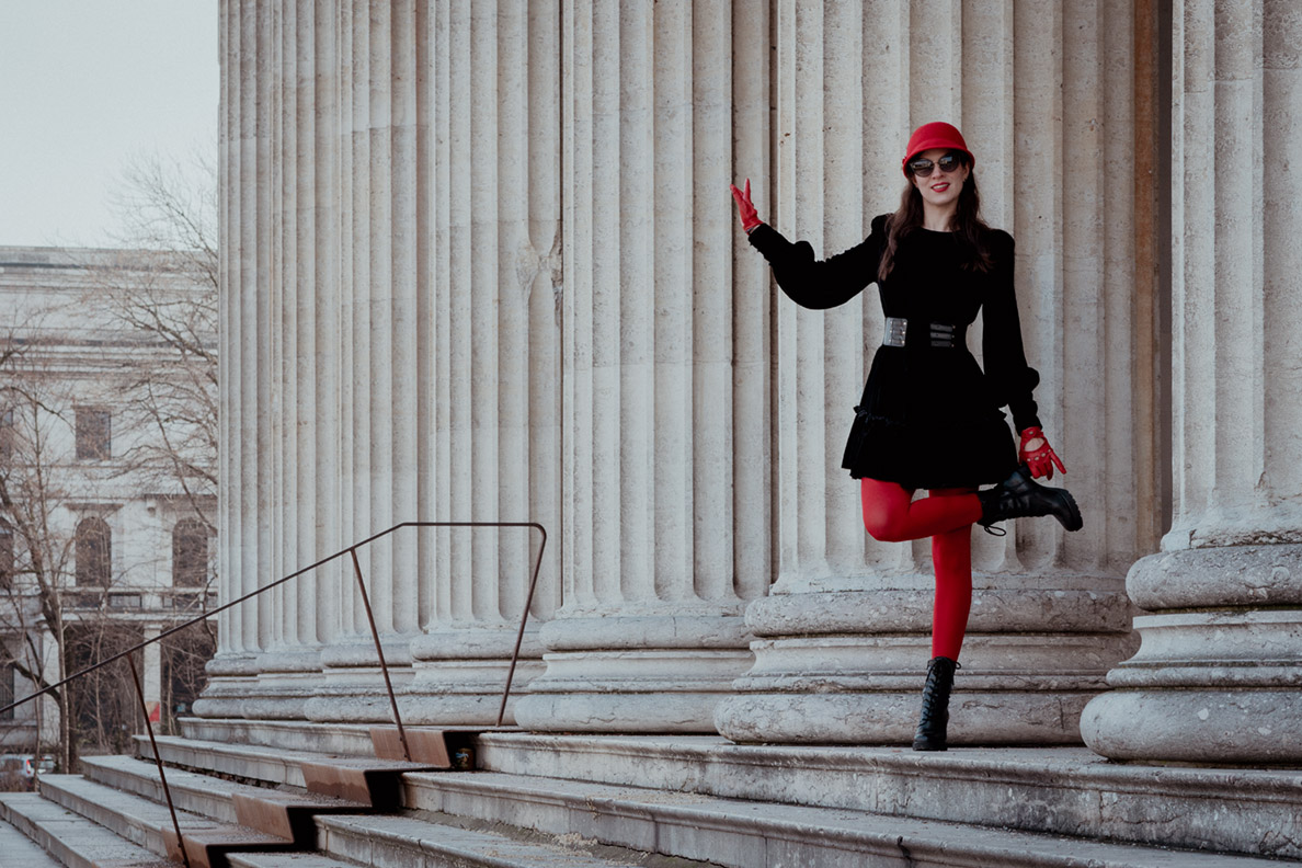 Red Tights and a black Mini Dress: Cheeky & stylish