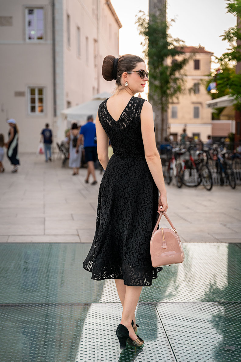 RetroCat wearing peeptoes with her little black dress