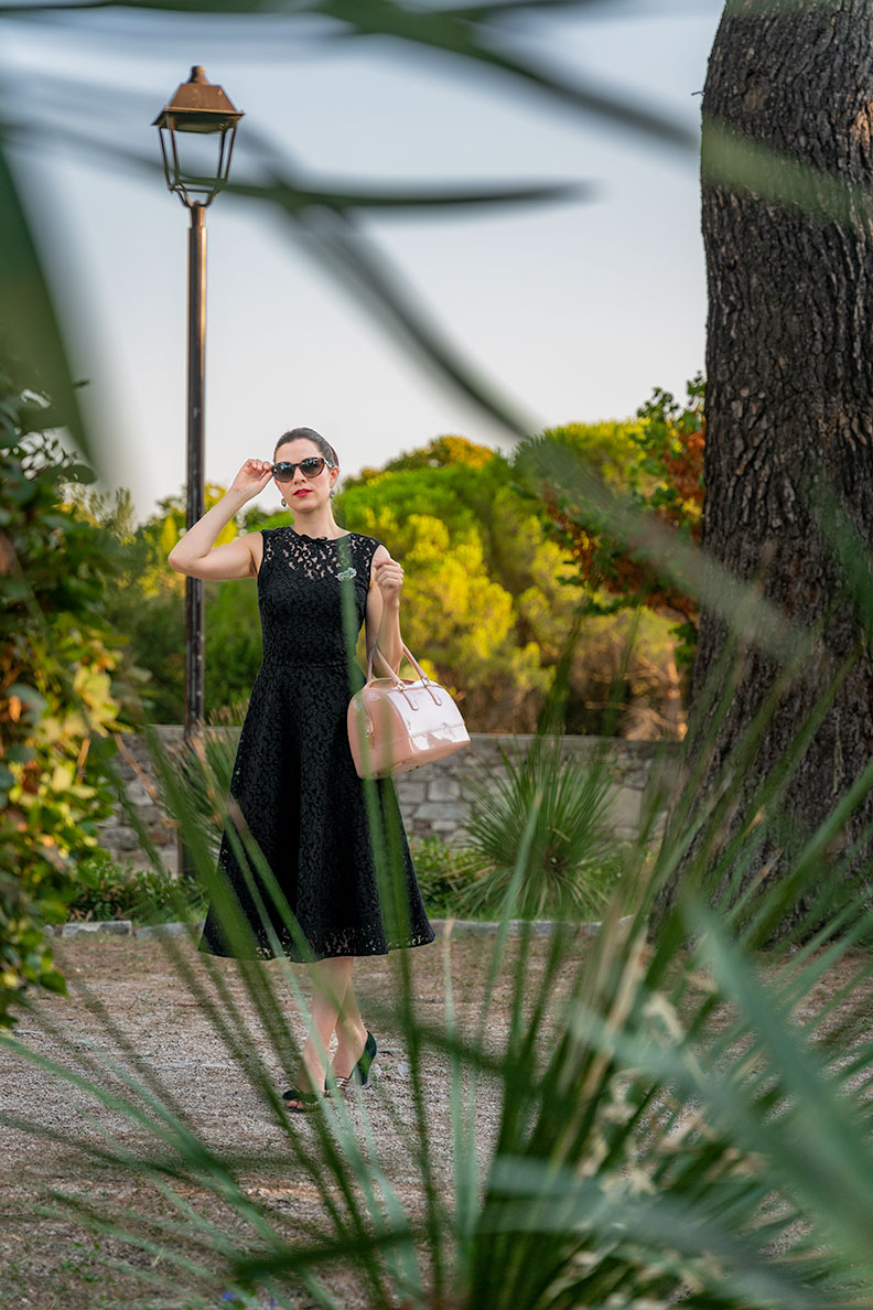 RetroCat wearing a black lace dress by Ginger Jackie in Summer