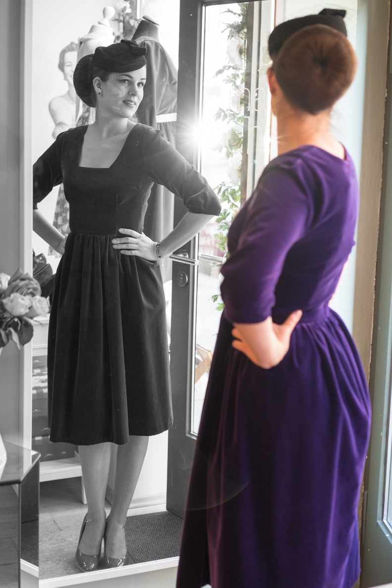 RetroCat wearing a lilac Velvet Dress - perfect for winter weddings