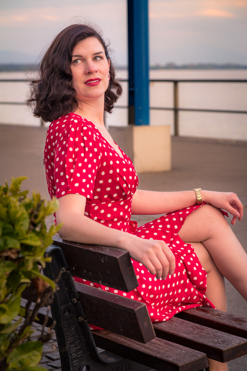 RetroCat wearing a red and white dress with polka dots in the city