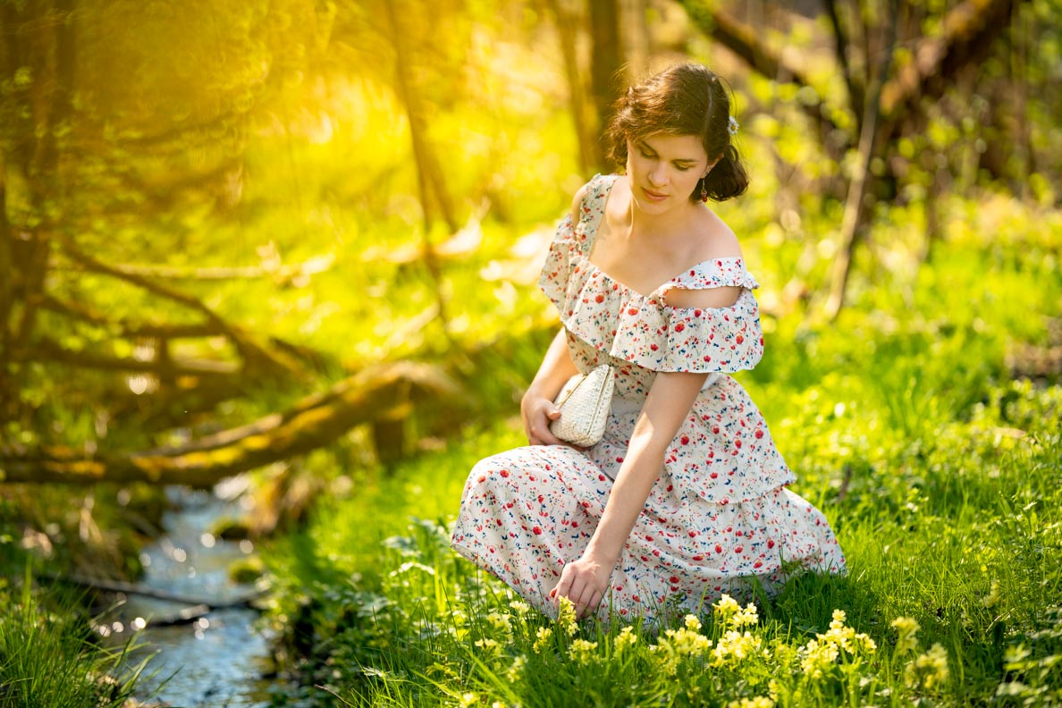 Cottagecore style: RetroCat wearing a flower dress in nature