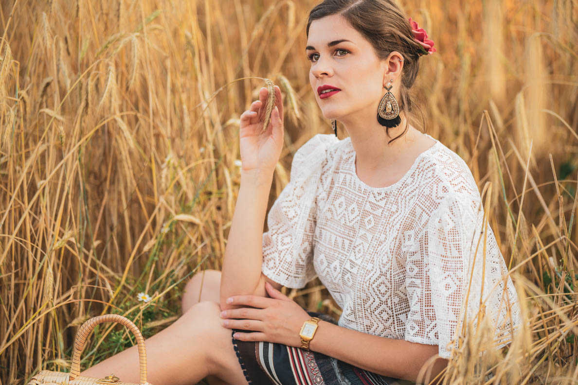 RetroCat wearing a lace blouse in a field