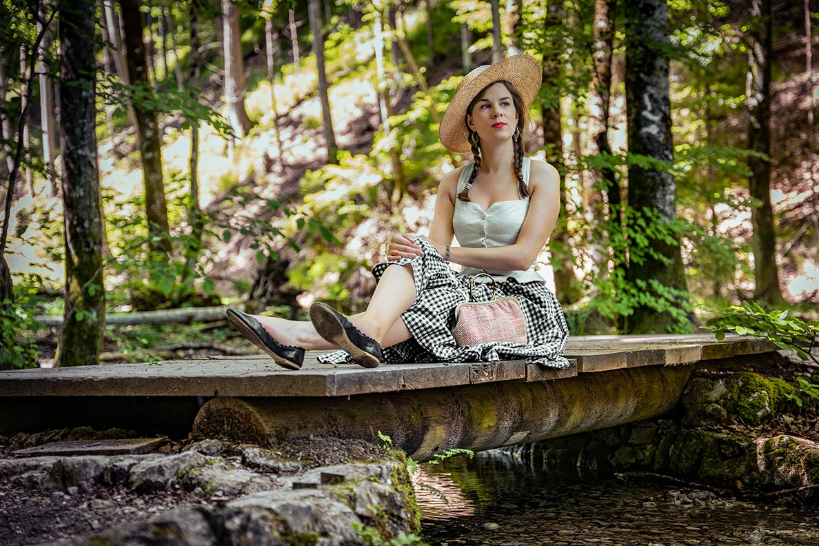 RetroCat wearing a gingham skirt, top, hat and handbag in the forest