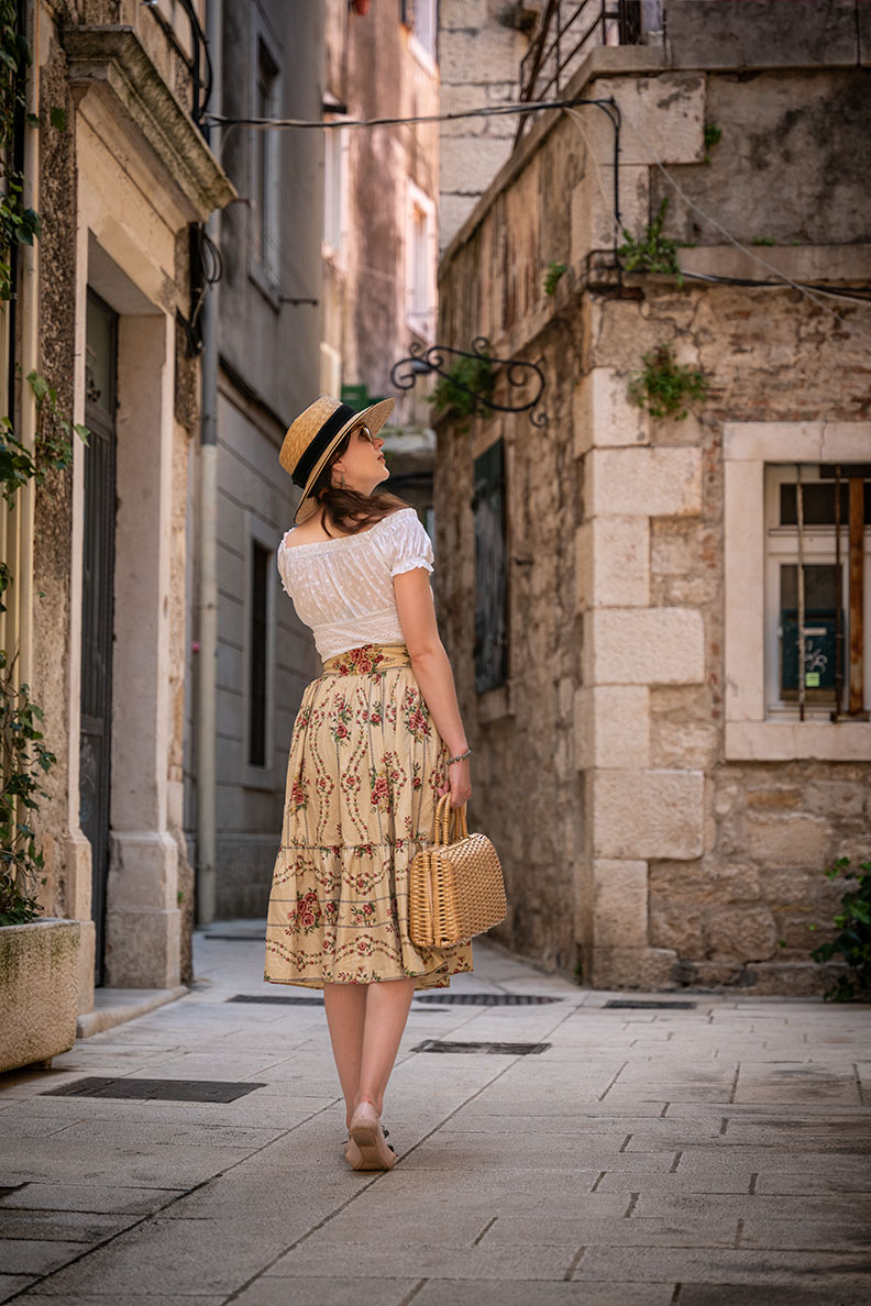 RetroCat wearing a flower skirt by Lena Hoschek in Split/Croatia