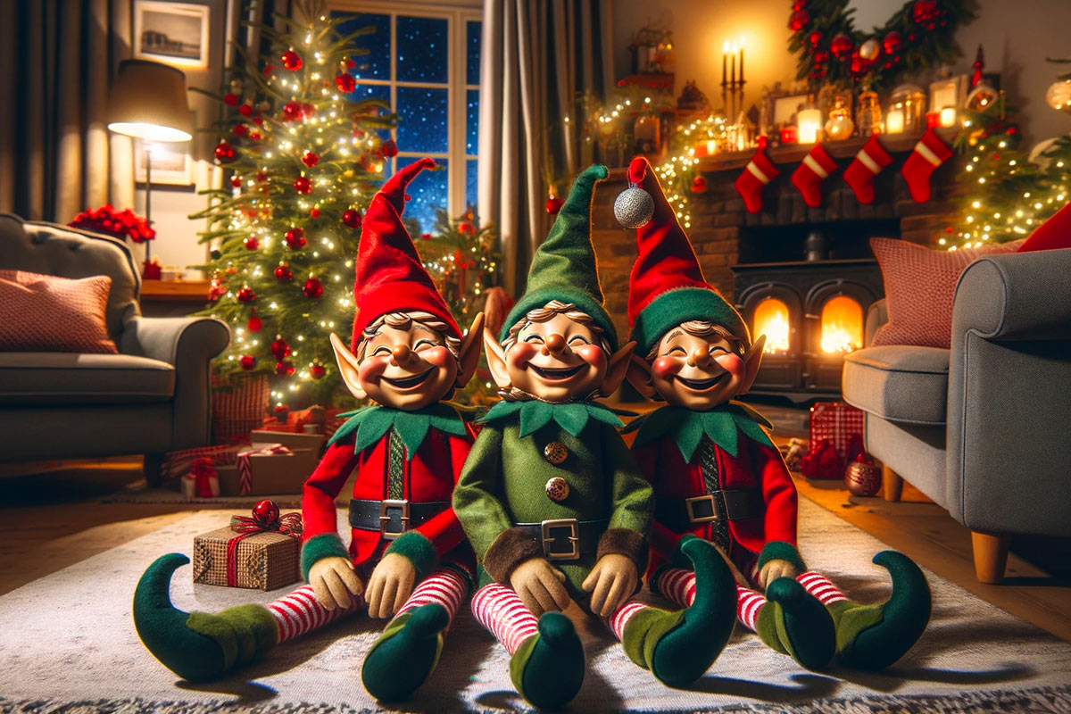 Verrückte Weihnachtskugeln im Angebot: Betrunkene Elfen vor einem Christbaum
