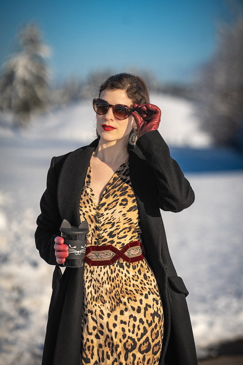 RetroCat trägt ein Leoparden-Kleid im Winter