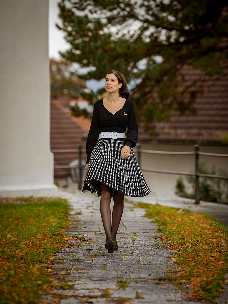 RetroCat on an autumn walk in a retro-look striped dress