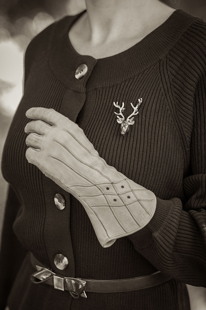 RetroCat with gloves and brooch and an autumn cardigan