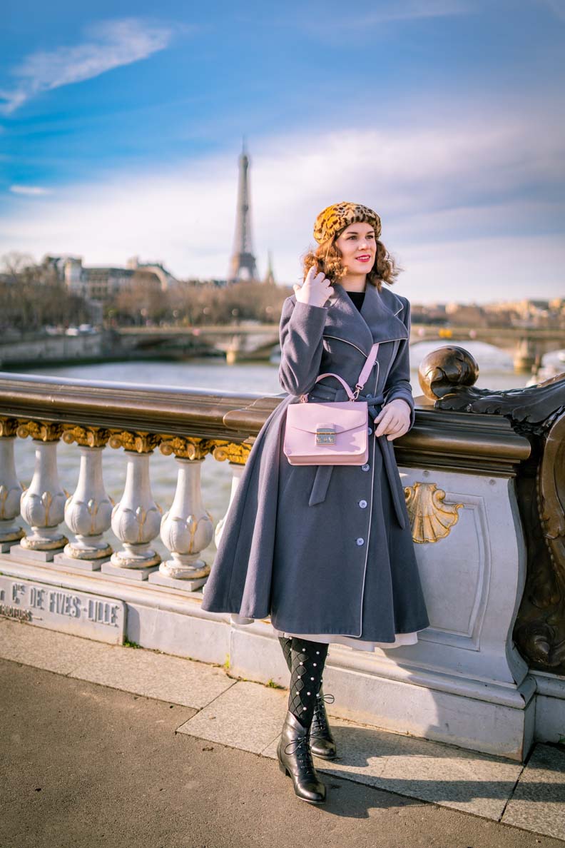 RetroCat with coat and pearl tights in Paris