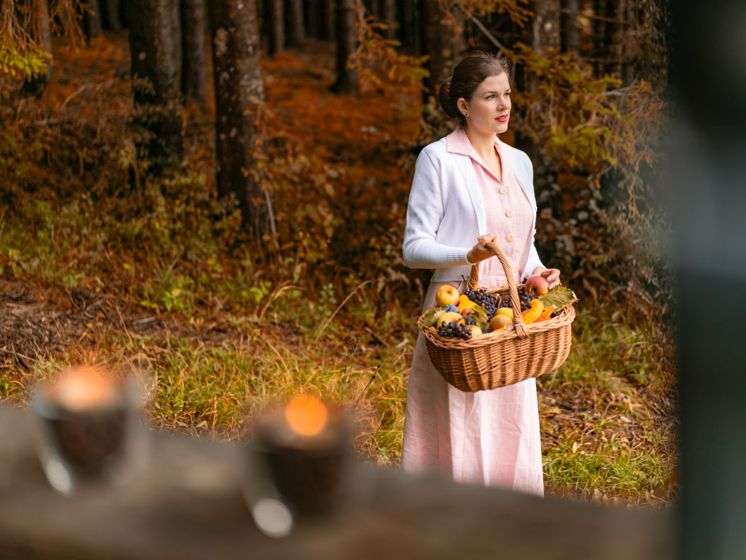 RetroCat with linen dress and harvest basket