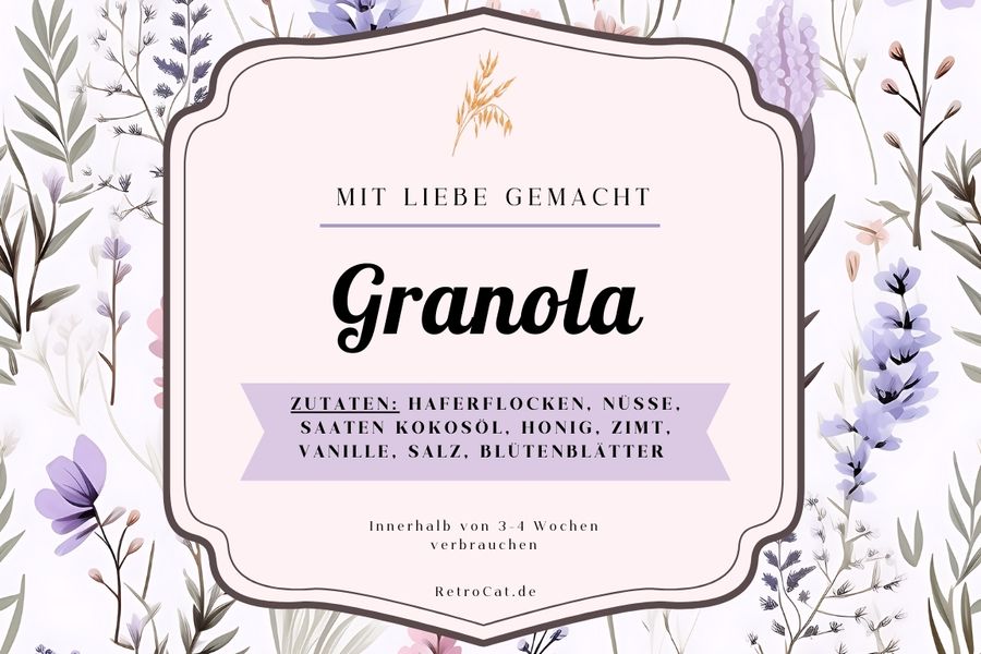 Ein Etikett für selbstgemachtes Blüten-Granola von RetroCat