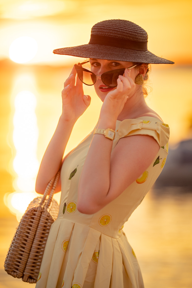 RetroCat with lemon dress and stylish retro accessories in Dolce Vita look