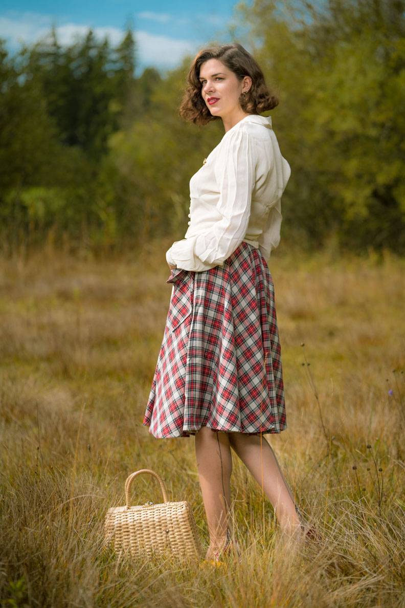 RetroCat with a checked skirt in the countryside in autumn