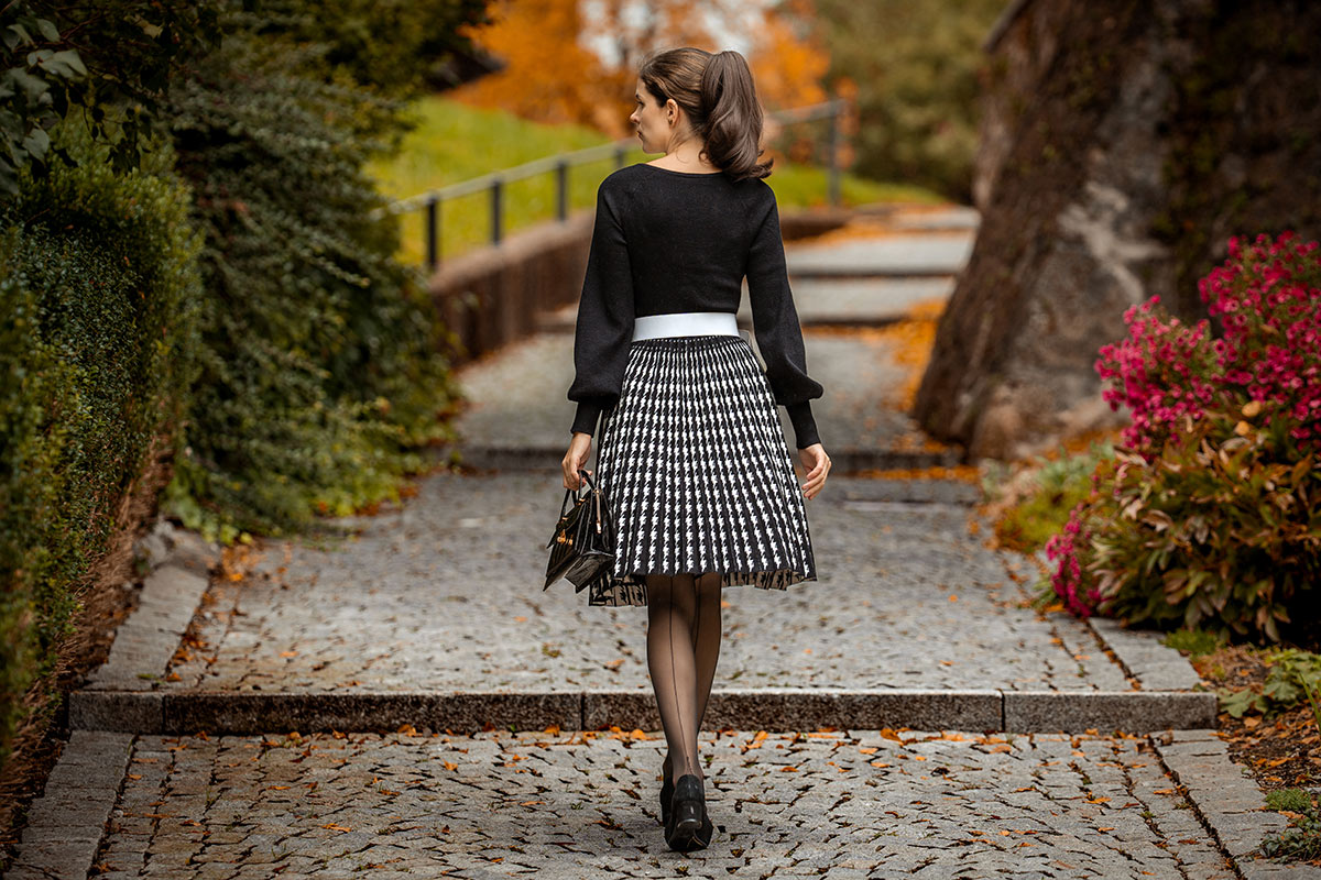 RetroCat in a cozy, stylish knit dress for autumn