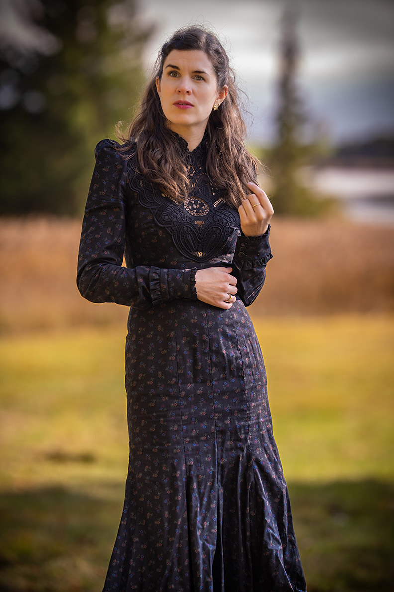 RetroCat in einem düsteren Gothik-Kleid mit Spitzen-Ausschnitt