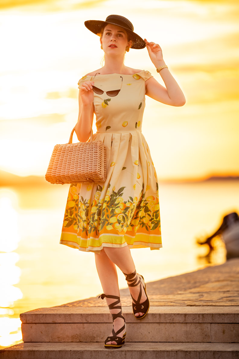 RetroCat in einem Sommerkleid mit Zitronenmuster im Urlaub