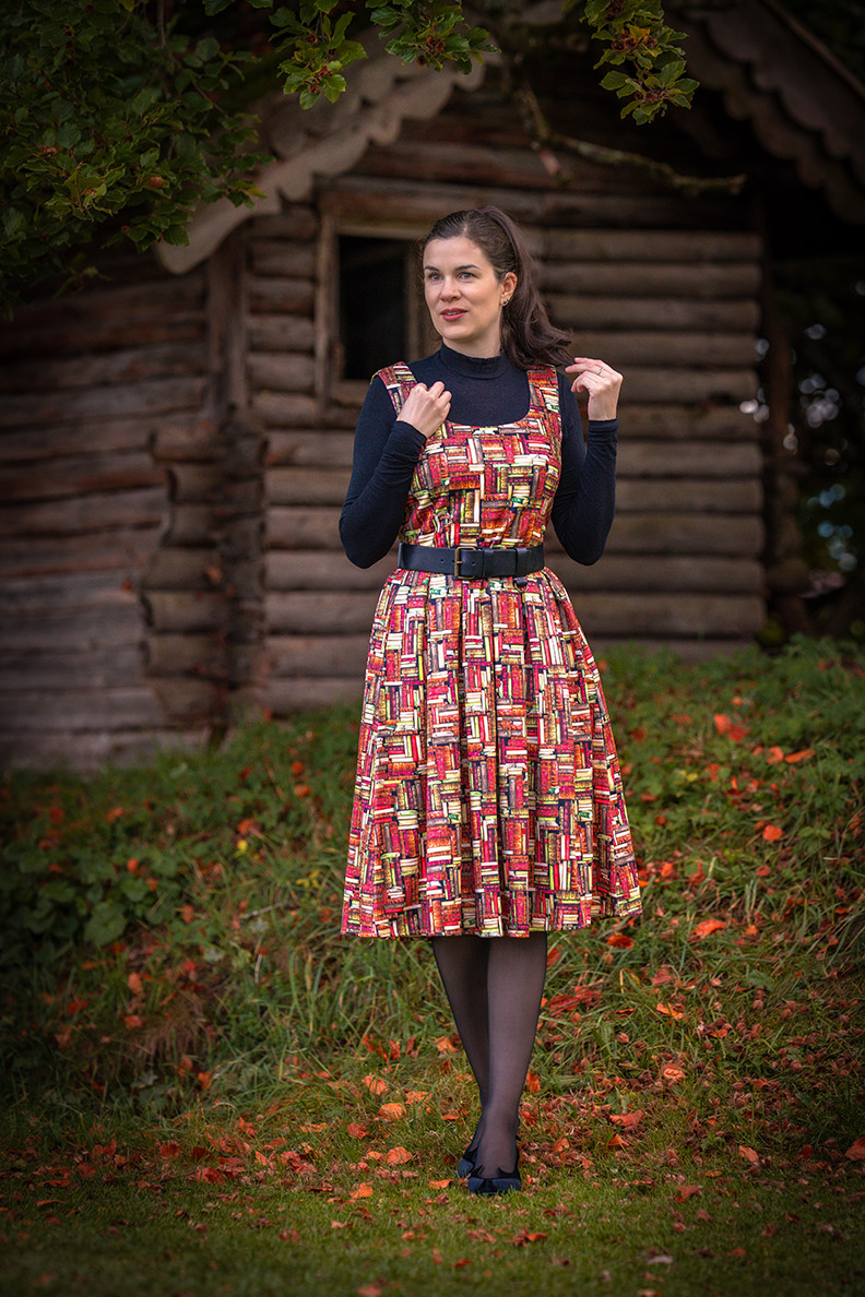 RetroCat in a retro dress covered in books